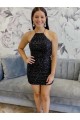 Compre Negro Cubierta Halter Corto Lentejuelas Terciopelo Corto Vestidos de fiesta