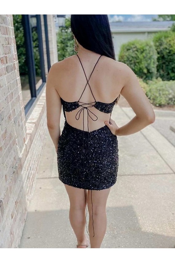 Compre Negro Cubierta Halter Corto Lentejuelas Terciopelo Corto Vestidos de fiesta