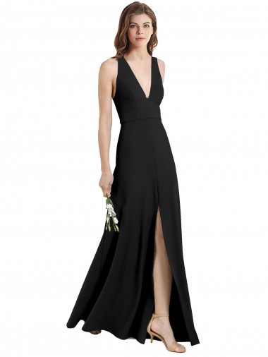 Compre Negro Cubierta Halter Cuello en V Crepé Elástico Largo Formales Vestidos de dama de honor / Vestidos de fiesta