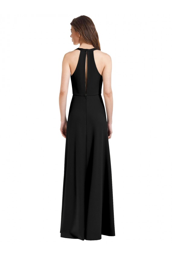 Compre Negro Cubierta Halter Cuello en V Crepé Elástico Largo Formales Vestidos de dama de honor / Vestidos de fiesta