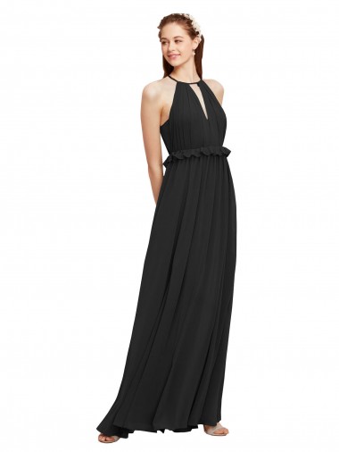 Compre Negro Cubierta Halter Gasa Largo Vestidos de dama de honor