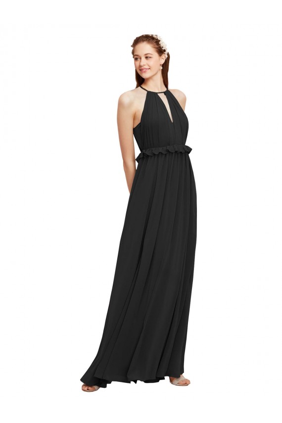 Compre Negro Cubierta Halter Gasa Largo Vestidos de dama de honor
