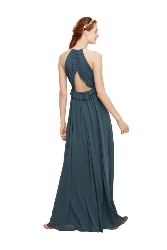 Compre Negro Cubierta Halter Gasa Largo Vestidos de dama de honor
