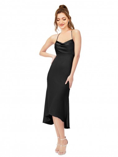 Compre Negro Cubierta Midi Satén sedoso Corto Asimétrico Formales Vestidos de dama de honor / Vestidos de fiesta / Vestidos de cóctel