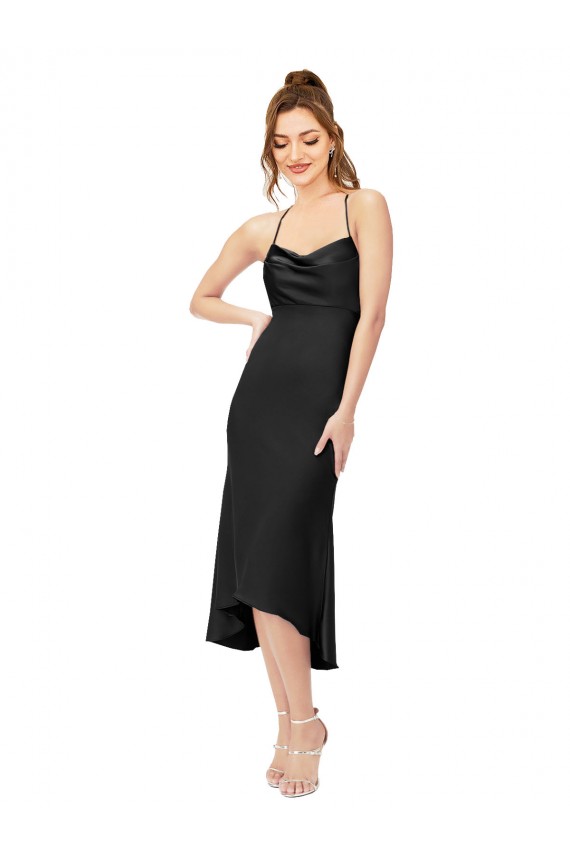 Compre Negro Cubierta Midi Satén sedoso Corto Asimétrico Formales Vestidos de dama de honor / Vestidos de fiesta / Vestidos de cóctel
