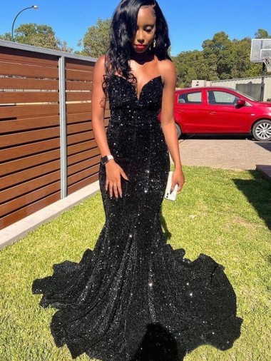 Compre Negro Sirena Cuello de Corazón Lentejuelas Terciopelo Largo Vestidos de fiesta
