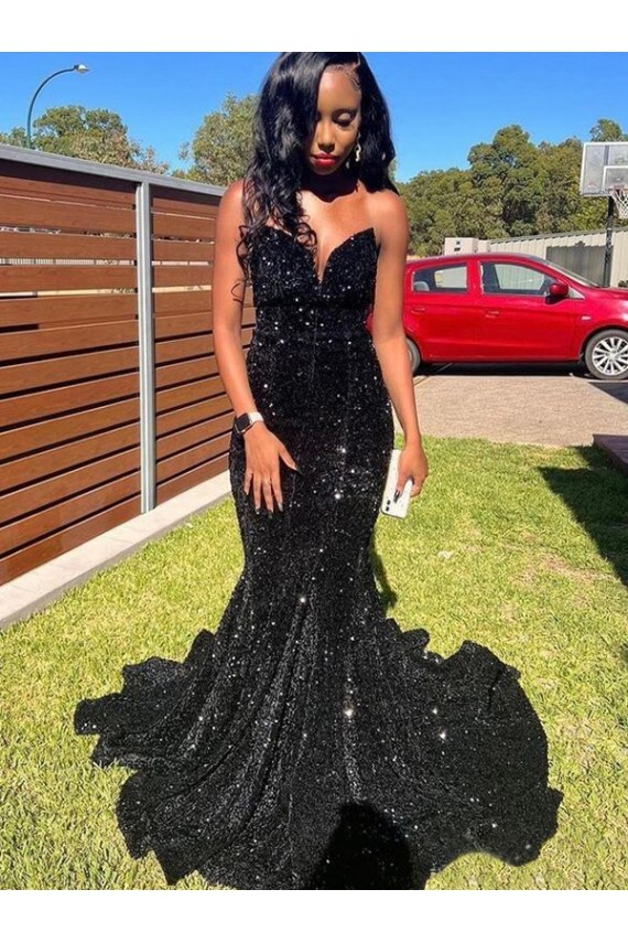 Compre Negro Sirena Cuello de Corazón Lentejuelas Terciopelo Largo Vestidos de fiesta
