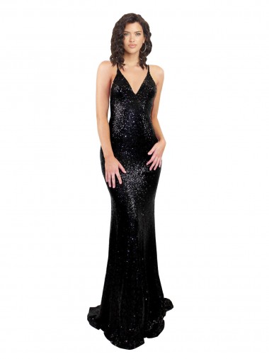 Compre Negro Sirena Cuello en V Lentejuela Largo Formales Vestidos de dama de honor / Vestidos de fiesta
