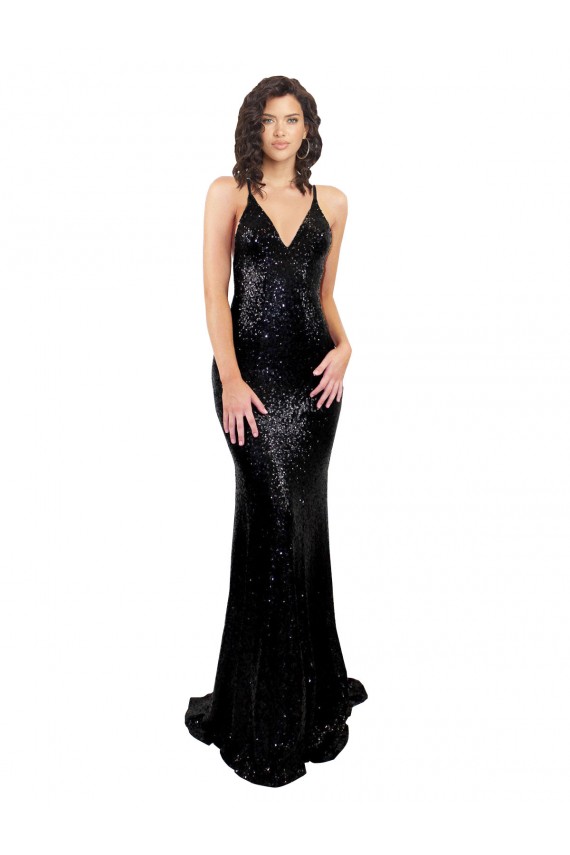 Compre Negro Sirena Cuello en V Lentejuela Largo Formales Vestidos de dama de honor / Vestidos de fiesta