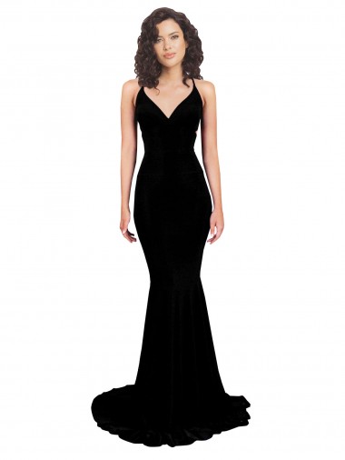 Compre Negro Sirena Cuello en V Spandex Largo Formales Vestidos de dama de honor / Vestidos de fiesta
