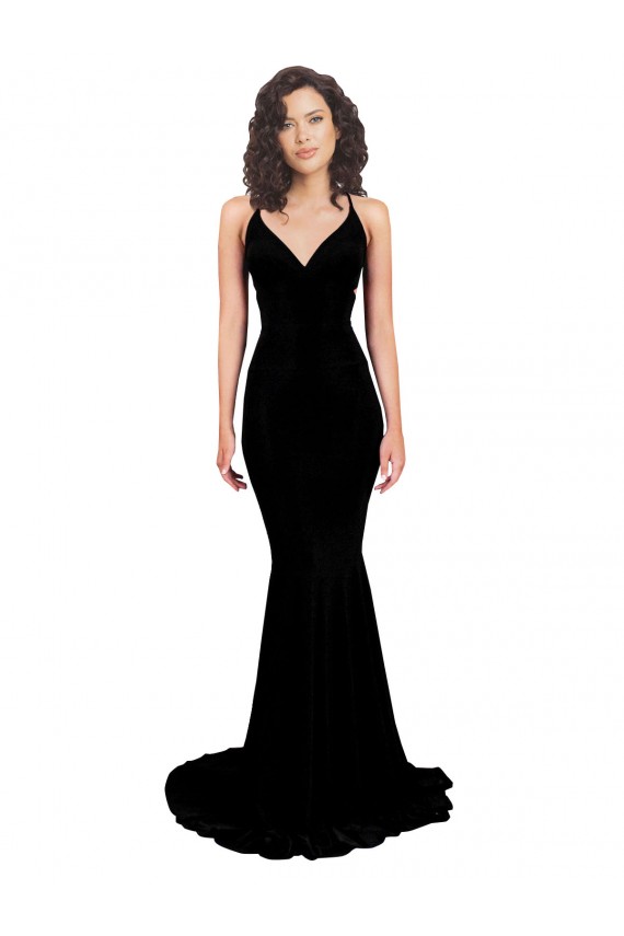 Compre Negro Sirena Cuello en V Spandex Largo Formales Vestidos de dama de honor / Vestidos de fiesta