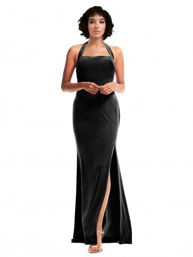 Compre Negro Sirena Halter Terciopelo Elástico Largo Formales Vestidos de dama de honor / Vestidos de fiesta