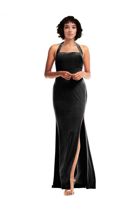 Compre Negro Sirena Halter Terciopelo Elástico Largo Formales Vestidos de dama de honor / Vestidos de fiesta