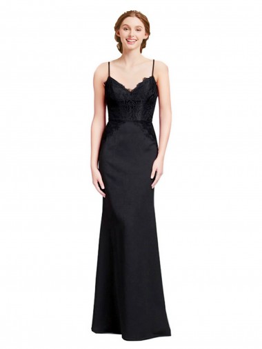Compre Negro Sirena Tirantes espagueti Cuello en V Crepé Elástico Largo Vestidos de dama de honor / Vestidos de fiesta