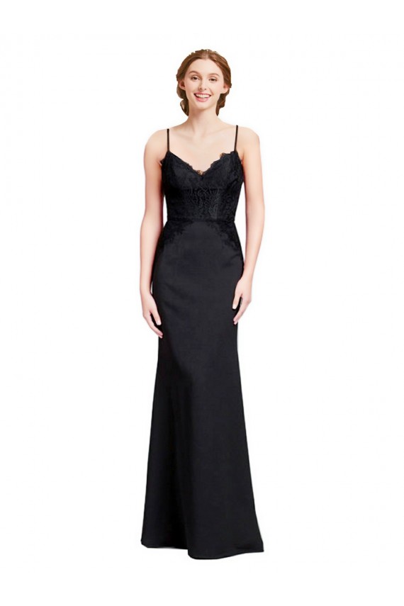 Compre Negro Sirena Tirantes espagueti Cuello en V Crepé Elástico Largo Vestidos de dama de honor / Vestidos de fiesta