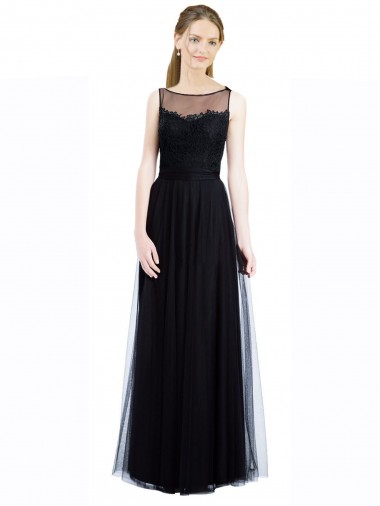 Compre Negro línea A Barco Ilusión Tul Encaje Largo Vestidos de dama de honor
