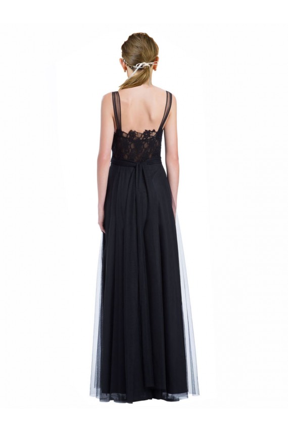 Compre Negro línea A Barco Ilusión Tul Encaje Largo Vestidos de dama de honor