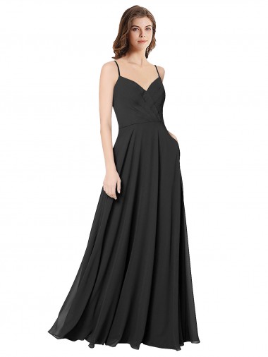 Compre Negro línea A Cuello de Corazón Gasa Largo Vestidos de dama de honor