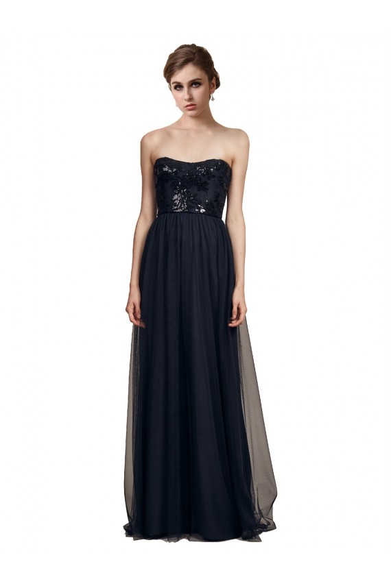 Compre Negro línea A Cuello de Corazón Sin tirantes Tul Largo Vestidos de dama de honor