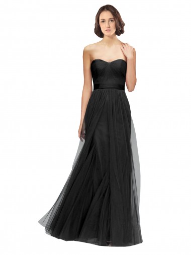Compre Negro línea A Cuello de Corazón Tul Largo Vestidos de dama de honor