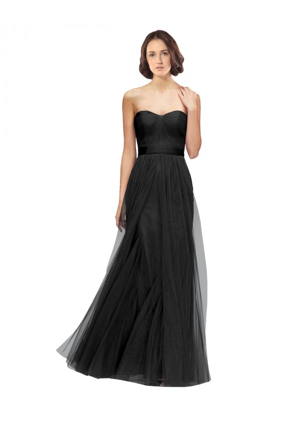 Compre Negro línea A Cuello de Corazón Tul Largo Vestidos de dama de honor