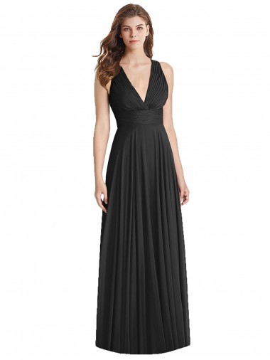 Compre Negro línea A Cuello en V Gasa Largo Vestidos de dama de honor