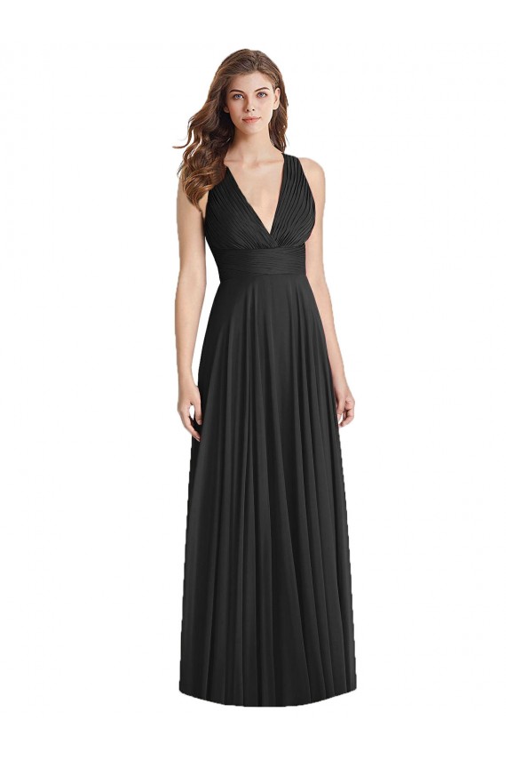 Compre Negro línea A Cuello en V Gasa Largo Vestidos de dama de honor