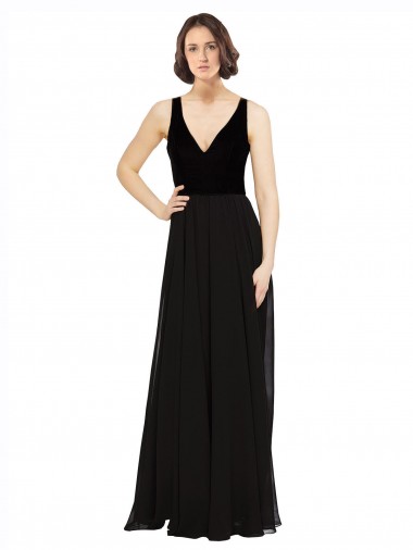 Compre Negro línea A Cuello en V Gasa Terciopelo Largo Vestidos de dama de honor / Vestidos de fiesta