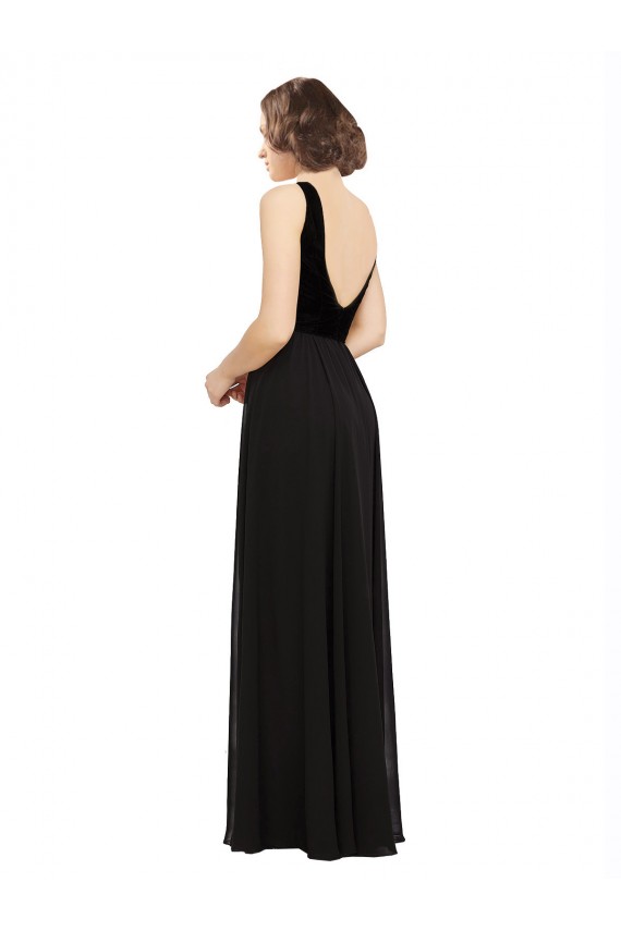 Compre Negro línea A Cuello en V Gasa Terciopelo Largo Vestidos de dama de honor / Vestidos de fiesta