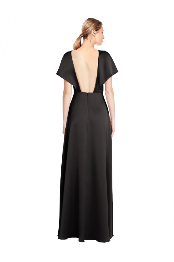 Compre Negro línea A Cuello en V Satén elástico Largo Formales Vestidos de dama de honor / Vestidos de fiesta