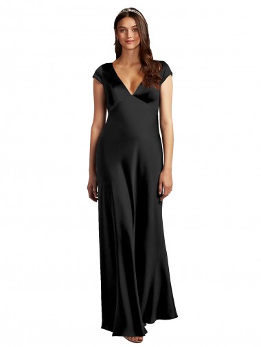 Compre Negro línea A Cuello en V Satén elástico Largo Formales Vestidos de dama de honor / Vestidos de fiesta