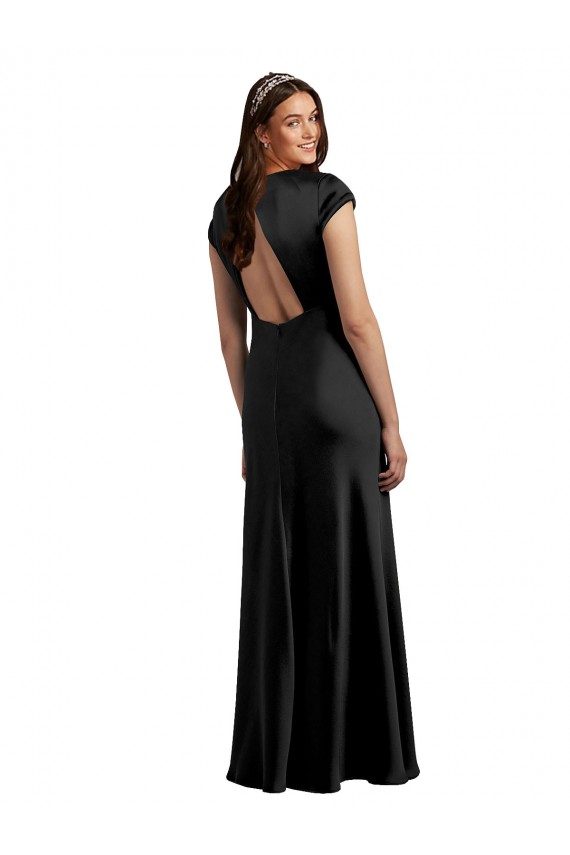 Compre Negro línea A Cuello en V Satén elástico Largo Formales Vestidos de dama de honor / Vestidos de fiesta