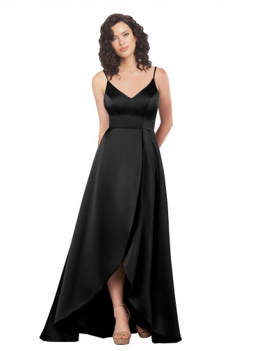 Compre Negro línea A Cuello en V Satén sedoso Largo Asimétrico Formales Vestidos de dama de honor / Vestidos de fiesta