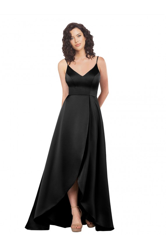 Compre Negro línea A Cuello en V Satén sedoso Largo Asimétrico Formales Vestidos de dama de honor / Vestidos de fiesta