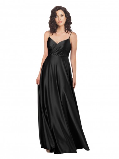 Compre Negro línea A Cuello en V Satén sedoso Largo Formales Vestidos de dama de honor / Vestidos de fiesta