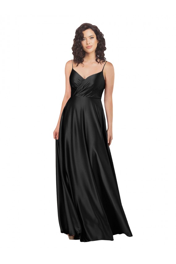 Compre Negro línea A Cuello en V Satén sedoso Largo Formales Vestidos de dama de honor / Vestidos de fiesta