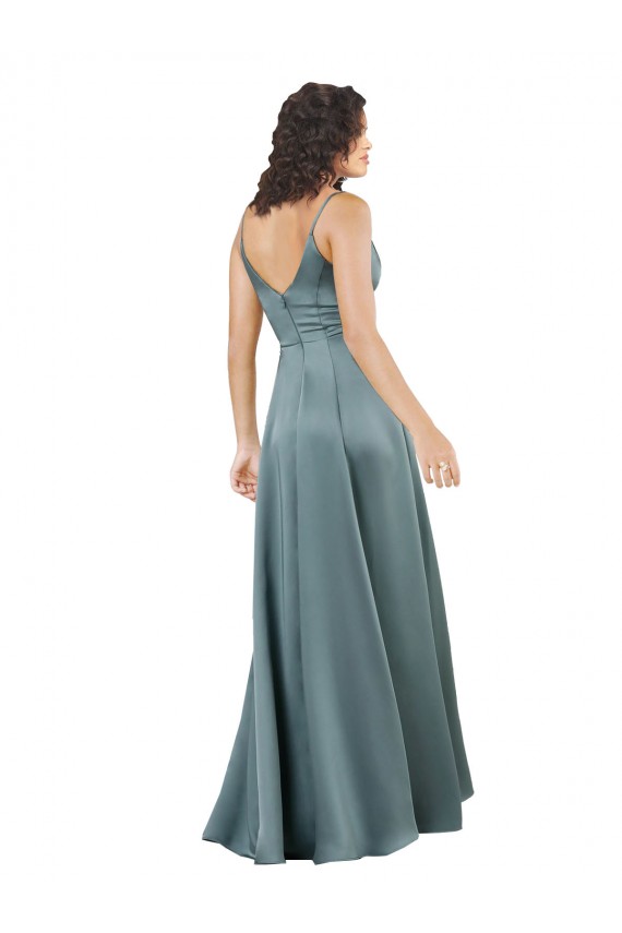 Compre Negro línea A Cuello en V Satén sedoso Largo Formales Vestidos de dama de honor / Vestidos de fiesta