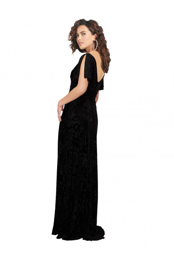 Compre Negro línea A Cuello en V Terciopelo floral Terciopelo Elástico Largo Vestidos de dama de honor