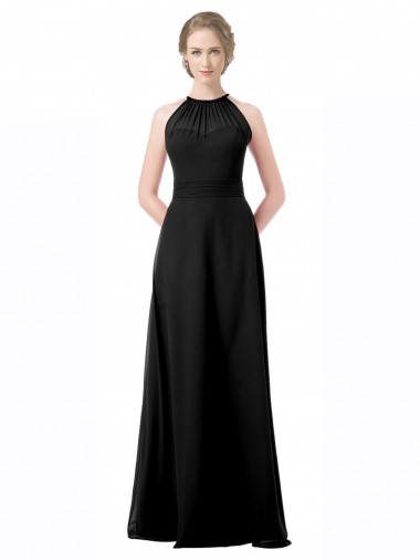 Compre Negro línea A Halter Cuello de Corazón Gasa Largo Vestidos de dama de honor