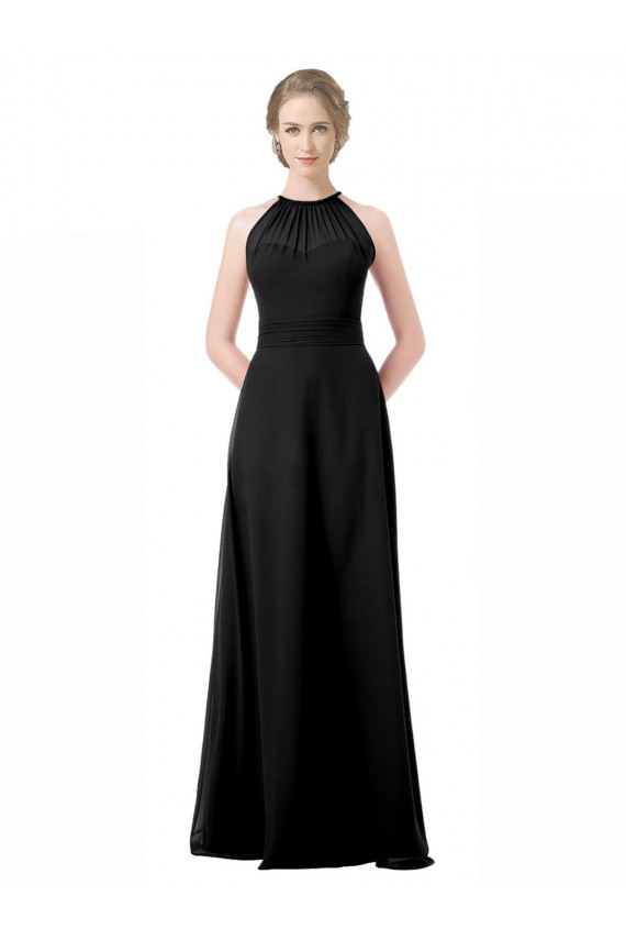 Compre Negro línea A Halter Cuello de Corazón Gasa Largo Vestidos de dama de honor