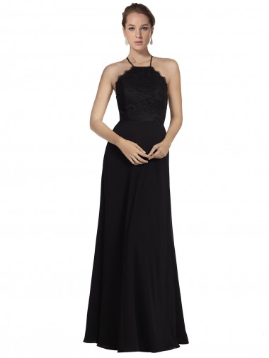 Compre Negro línea A Halter Gasa Encaje Largo Vestidos de dama de honor