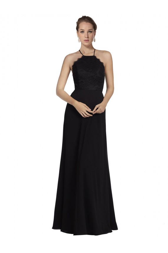 Compre Negro línea A Halter Gasa Encaje Largo Vestidos de dama de honor