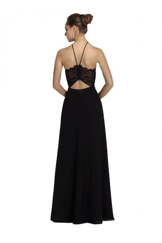 Compre Negro línea A Halter Gasa Encaje Largo Vestidos de dama de honor