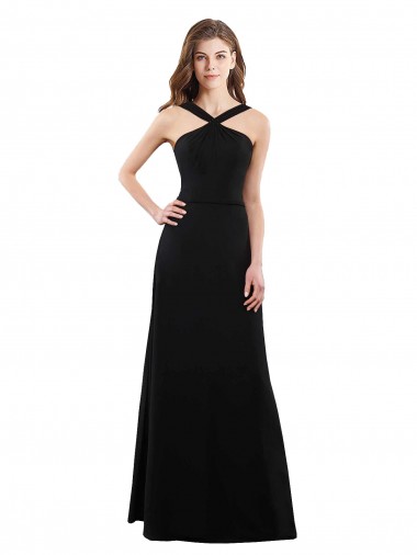Compre Negro línea A Halter Gasa Largo Vestidos de dama de honor