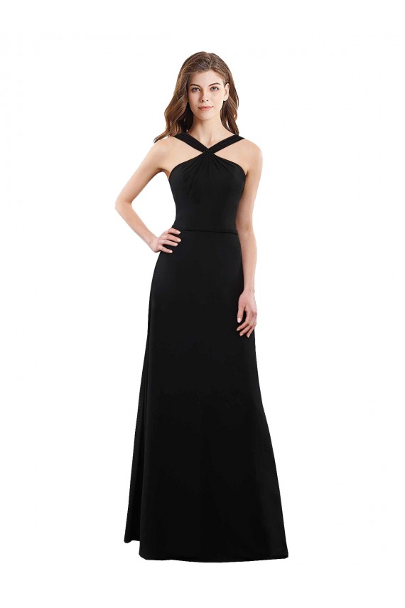 Compre Negro línea A Halter Gasa Largo Vestidos de dama de honor