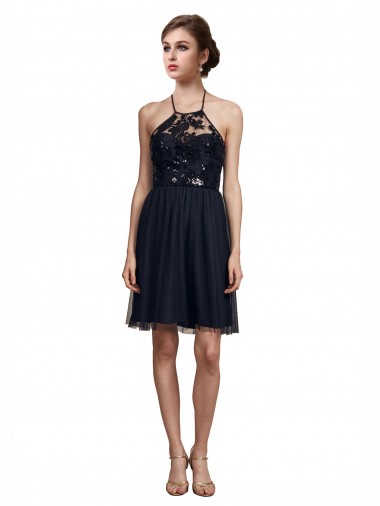 Compre Negro línea A Halter Tul Corto Vestidos de dama de honor