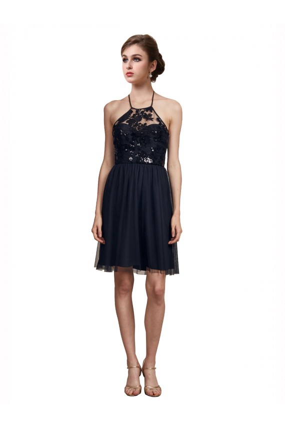 Compre Negro línea A Halter Tul Corto Vestidos de dama de honor