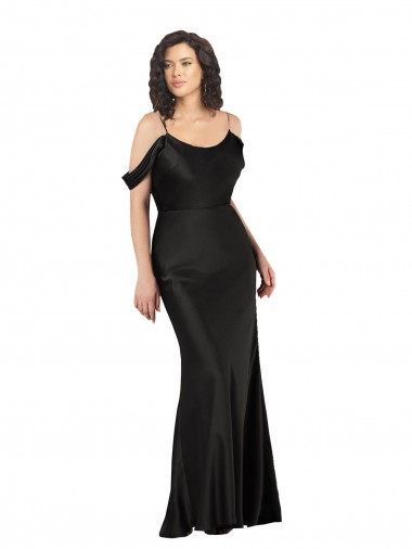 Compre Negro línea A Hombros Descubiertos Satén sedoso Largo Formales Vestidos de dama de honor / Vestidos de fiesta