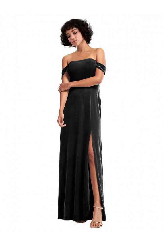 Compre Negro línea A Hombros Descubiertos Sin tirantes Terciopelo Elástico Largo Formales Vestidos de dama de honor / Vestidos de fiesta