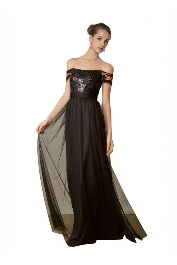 Compre Negro línea A Hombros Descubiertos Tul Lentejuela Largo Vestidos de dama de honor